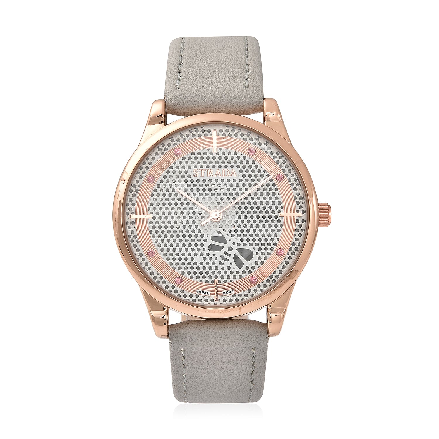 STRADA Pink Austrian Crystal Japanese Movement White Bee Pattern Dial Watch with Gray Faux Leather Strap and Stainless Steel Back