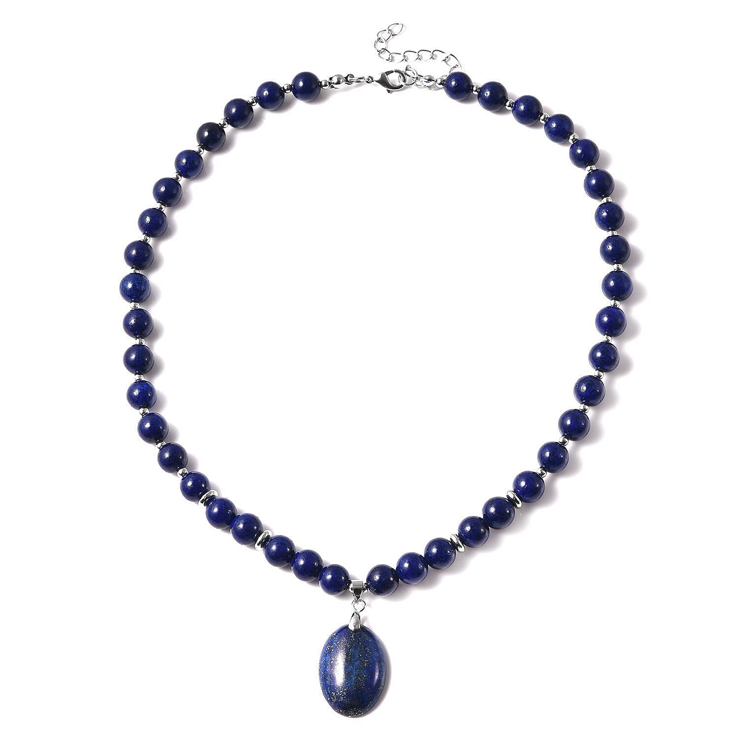 Lapis Lazuli Beaded Necklace 18 Inches with Elongated Matching Pendant in Silvertone 180.50 ctw