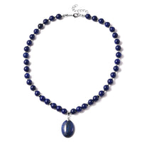 Lapis Lazuli Beaded Necklace 18 Inches with Elongated Matching Pendant in Silvertone 180.50 ctw