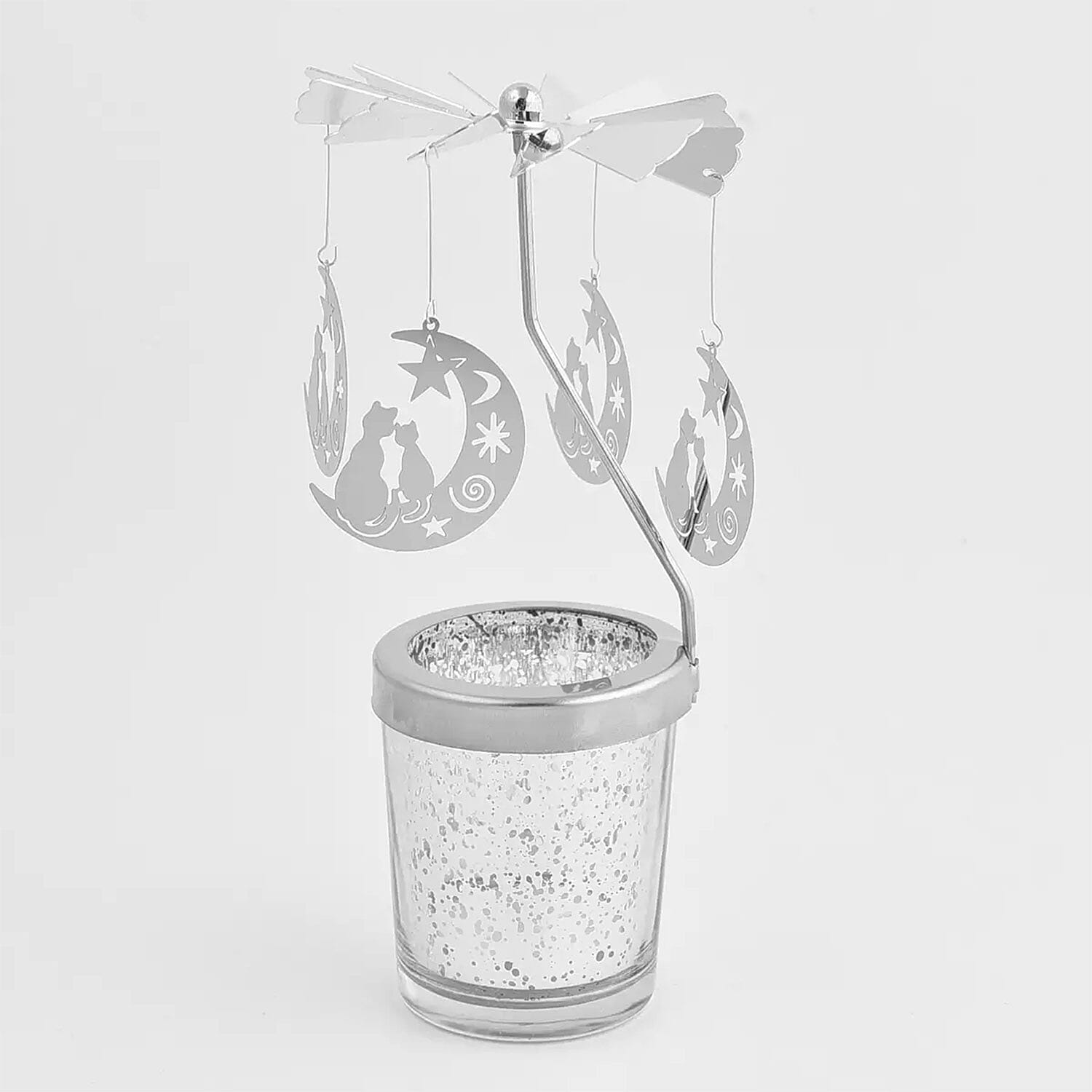 Moon-inspired Spinning Candle Holder with a Tea Light Candle - Silver (3.14"x3.14"x6.29")