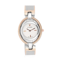 STRADA White Austrian Crystal Japanese Movement Ladies Bangle Watch in Dualtone (6.50 In)