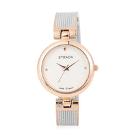 STRADA White Austrian Crystal Japanese Movement Ladies Bangle Watch in Rosetone