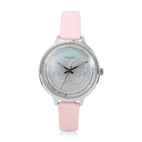 STRADA White Austrian Crystal Japanese Movement Butterfly Pattern Watch with Pink Faux Leather Strap 0.06 ctw