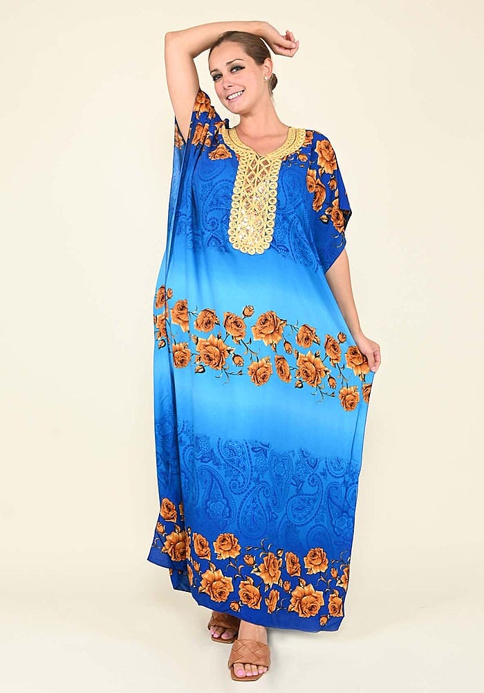 TAMSY Blue Rose Pattern Kaftan With Neckline Embroidery - One Size Fits Most (31"x53.5")
