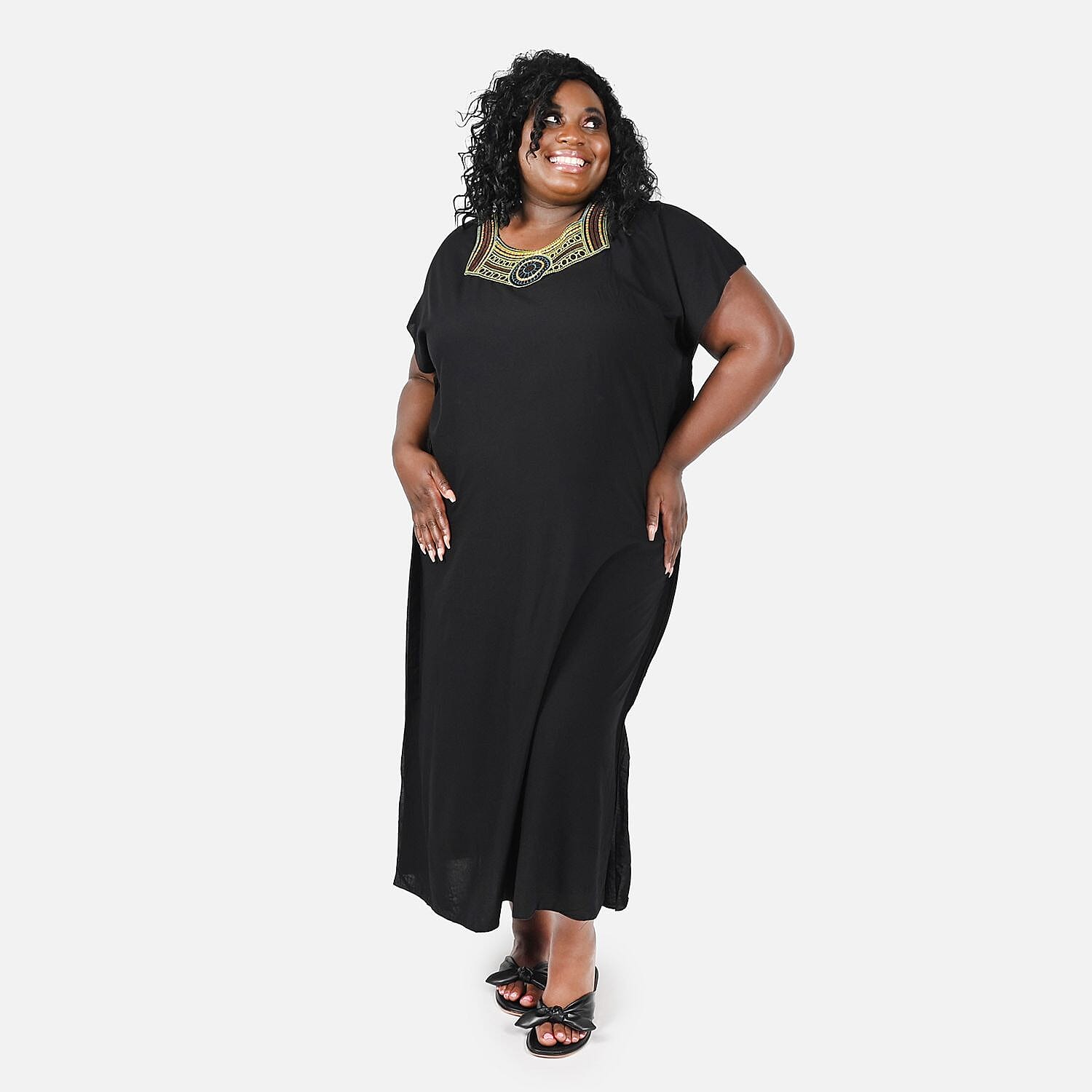 TAMSY Dark Black Solid 100% Viscose with Multi Color Neckline Embroidery Kaftan- One Size Fits Most (31"x55")