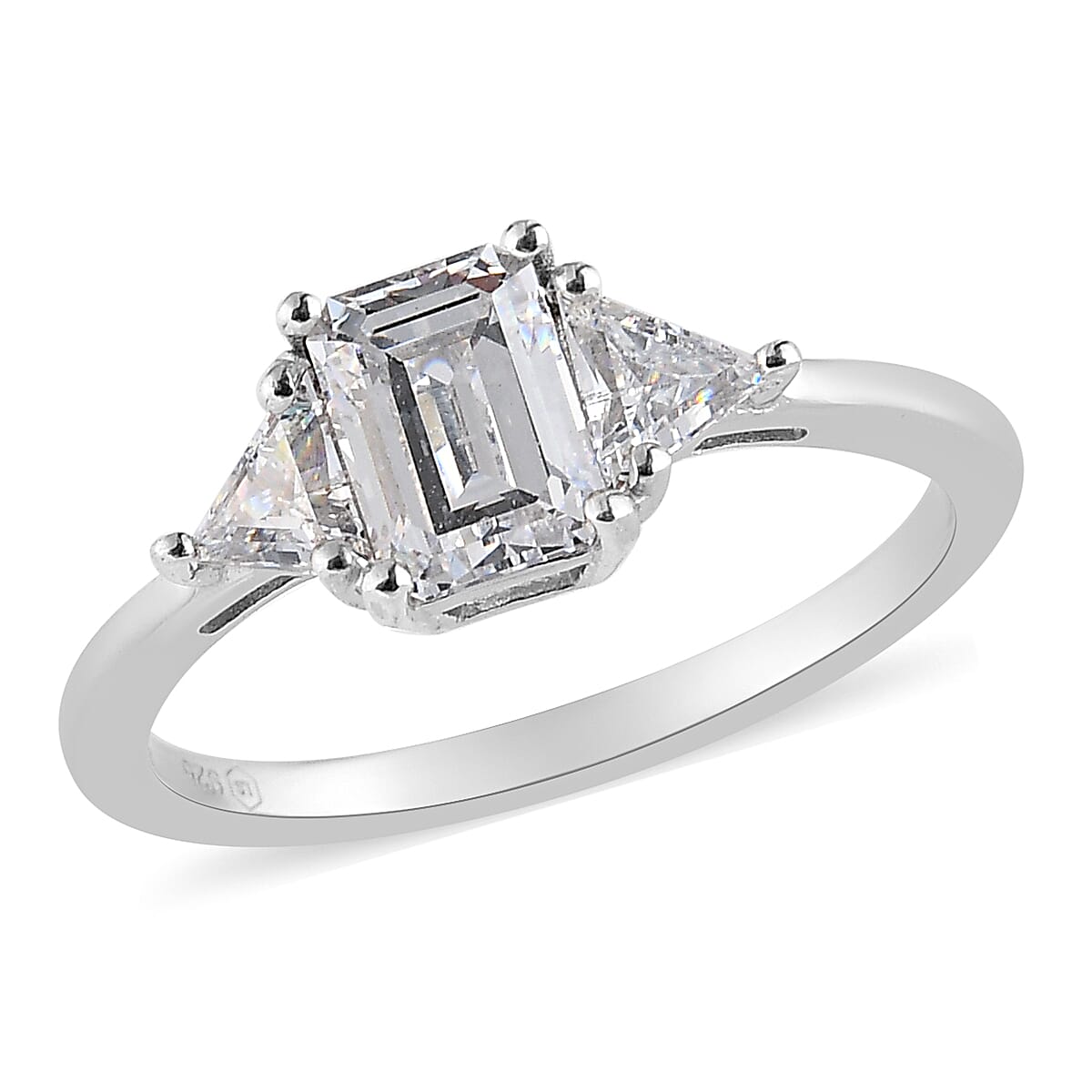 LUSTRO STELLA Platinum Over Sterling Silver 3 Stone Ring (Size 9.0) Made with Zirconia (Oct 7x5 mm) from Swarovski 2.60 ctw (1)