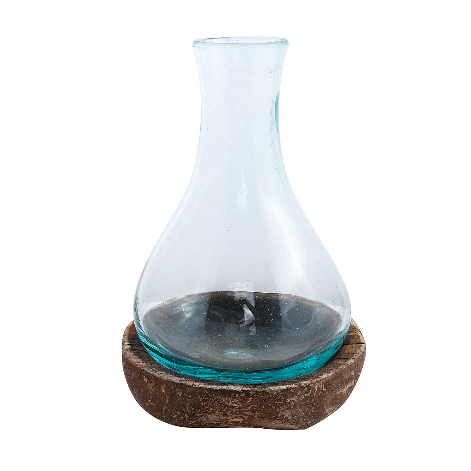 Designer Inspired Artisan Commissioned Bali Handblown Molten Glass Vase with Wooden Base
