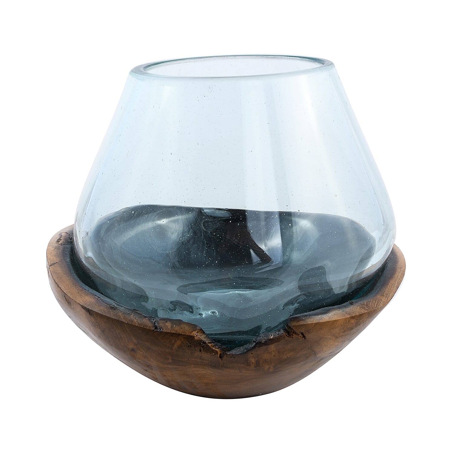 Designer Inspired Artisan Commissioned Bali Handblown Moltten Glass Vase with Wooden Base