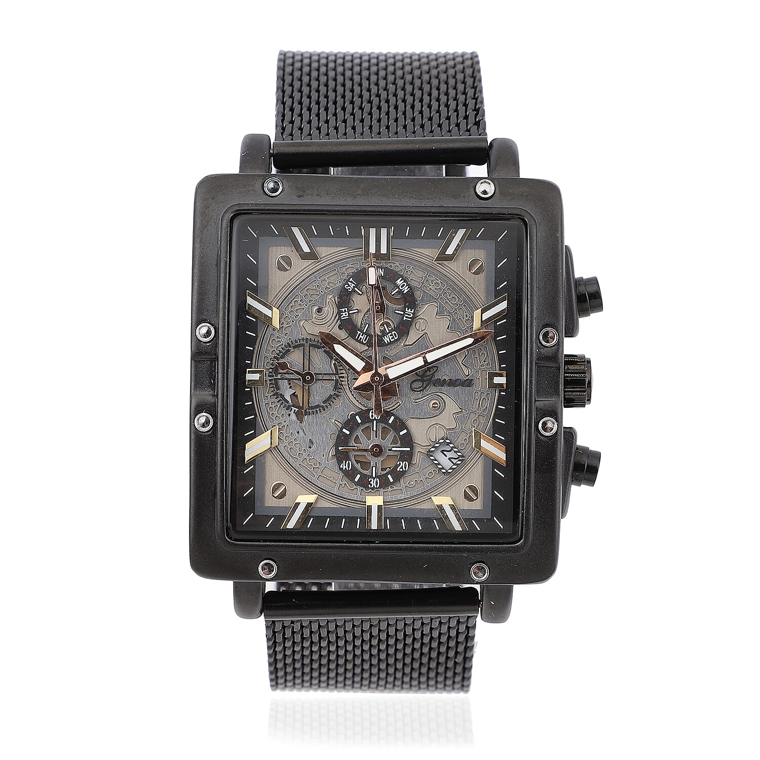 GENOA Six-Pin Multifunctional Movement Watch in ION Plated Black Over Stainless Steel Mesh Strap