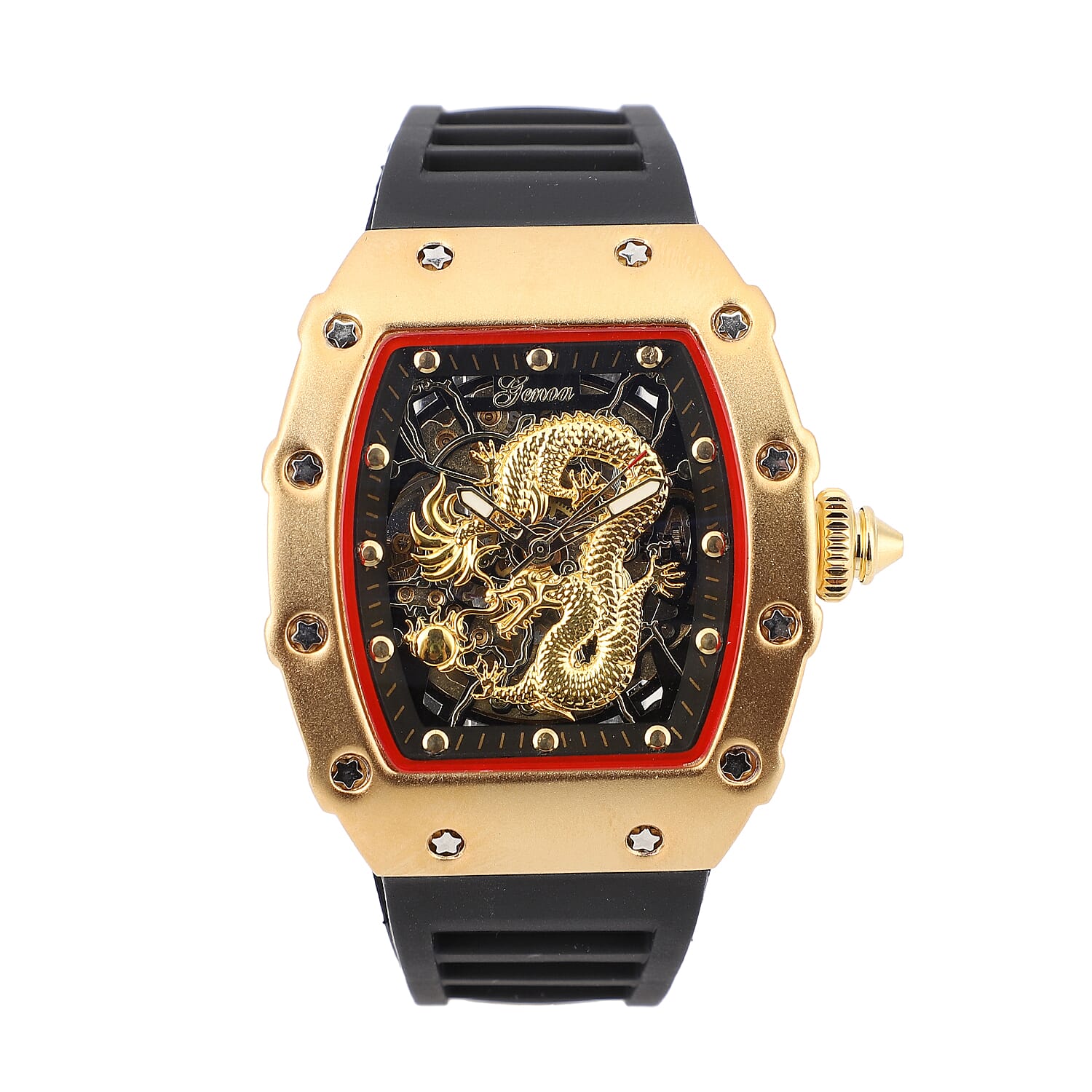 GENOA Automatic Mechanical Movement Golden Dragon Dial Watch with Black Silicone Band and Glass Back