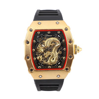 GENOA Automatic Mechanical Movement Golden Dragon Dial Watch with Black Silicone Band and Glass Back