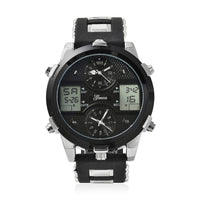 "Three movements watach,Case:steel color alloy case+black alloy ring+Multi-function button,Movement:double PC21S/Japan Movement+Electronics Movement,Brand:GENOA,Plated:IPS+IP black plating,D