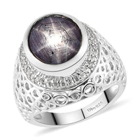 Indian Star Ruby and Natural White Zircon Solitaire Ring in Platinum Over Sterling Silver 8.15 ctw