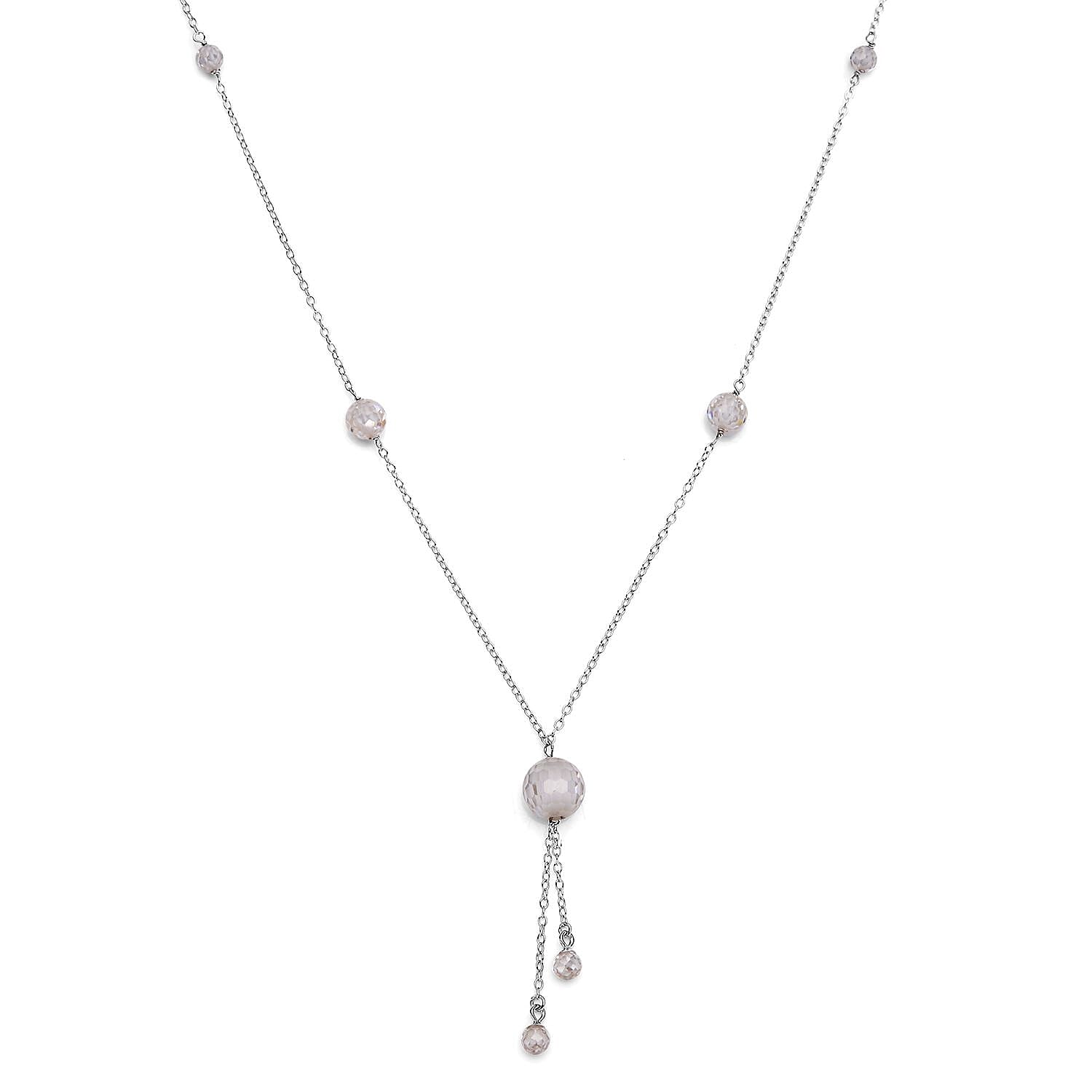 White Moissanite VS-EF Beaded Lariat Styled Necklace 20-22 Inches in Rhodium Over Sterling Silver 11.20 ctw