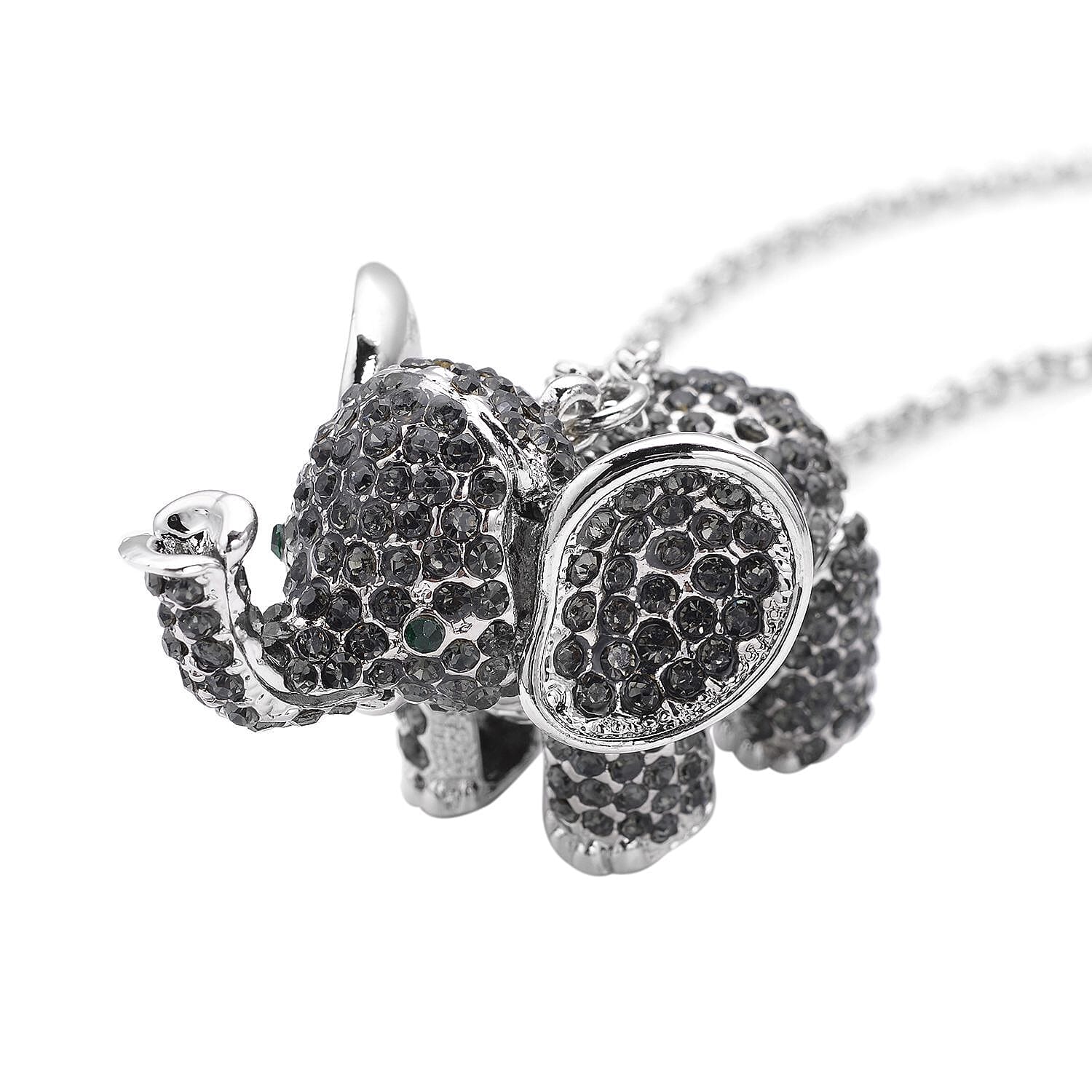 Gray and Green Austrian Crystal Elephant Pendant Necklace 24 Inches in Silvertone
