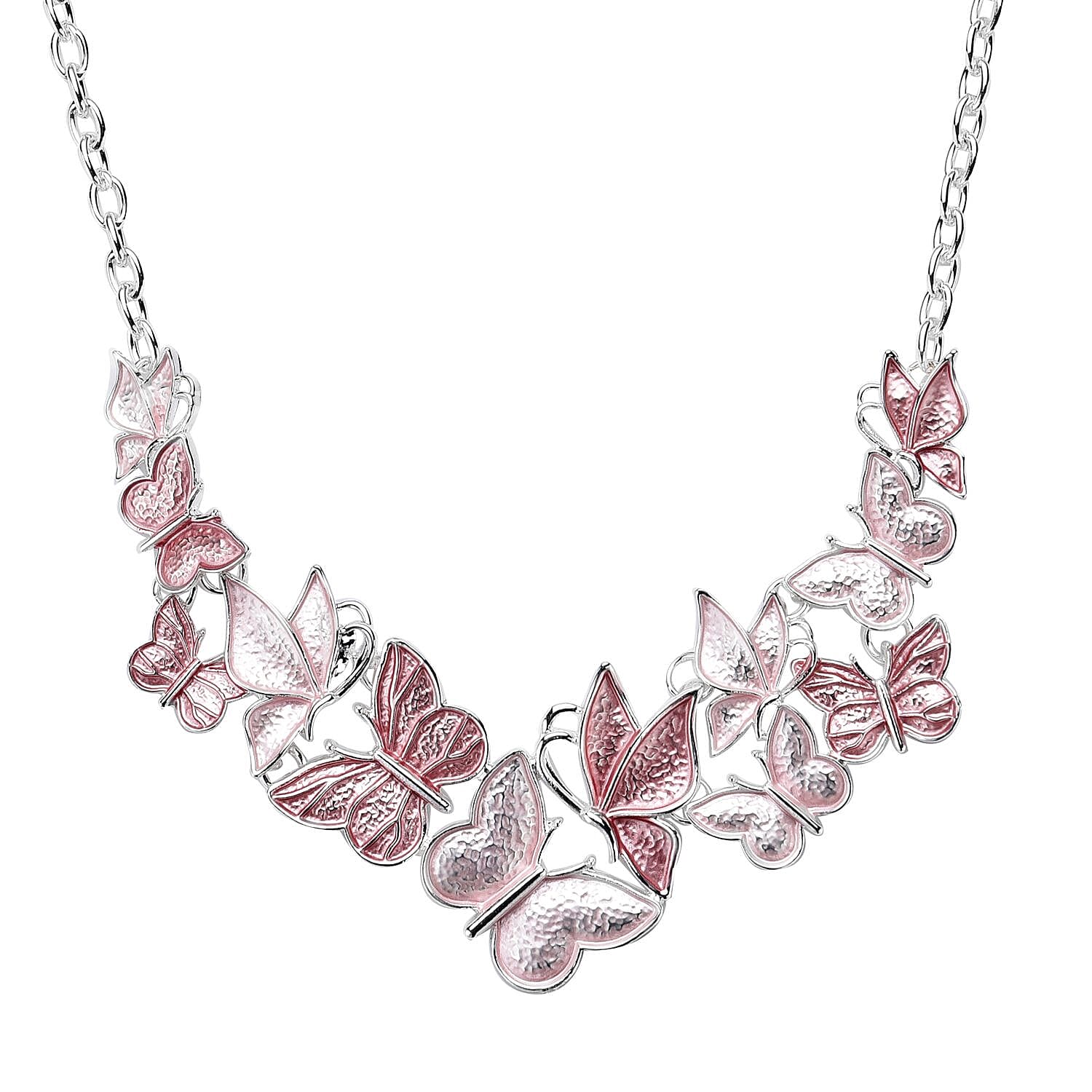 Pink Enameled Butterfly Necklace 20.5-22.5 Inches in Silvertone