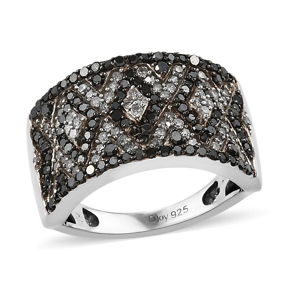 Black Diamond and Diamond Ring in Rhodium and Platinum Over Sterling Silver (Size 7.0) 1.00 ctw