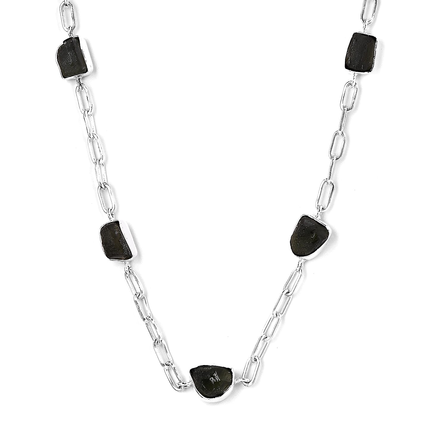 Artisan Crafted Rough Cut Bohemian Moldavite Station 17.00 ctw Paper Clip Chain Necklace in Sterling Silver 18-20 Inches
