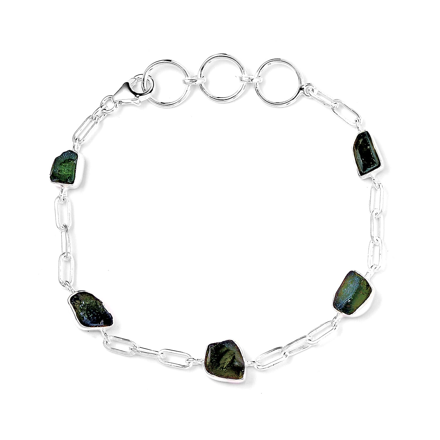 Artisan Crafted Rough Cut Bohemian Moldavite 8.65 ctw Paper Clip Chain Bracelet in Sterling Silver (6.50-8.50In)