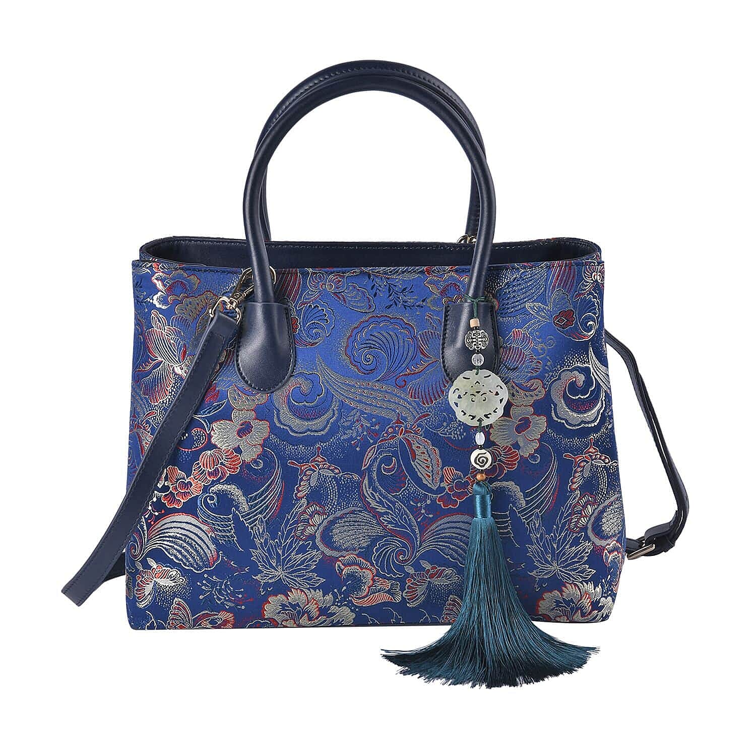 Navy Phoenix tail Flower Pattern Brocade with Genuine Leather Crossbody Bag (12.91"x9.84"x5.51") with Shoulder Strap