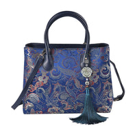 Navy Phoenix tail Flower Pattern Brocade with Genuine Leather Crossbody Bag (12.91"x9.84"x5.51") with Shoulder Strap