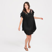 Tamsy Black High Low Hem Dress with Embroidery in Neck - One Size Missy
