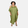 TAMSY Olive V-Neck Long Kaftan with Cold Sleeves and Embroidery - One Size Fits Most - Sticky add to cart bar