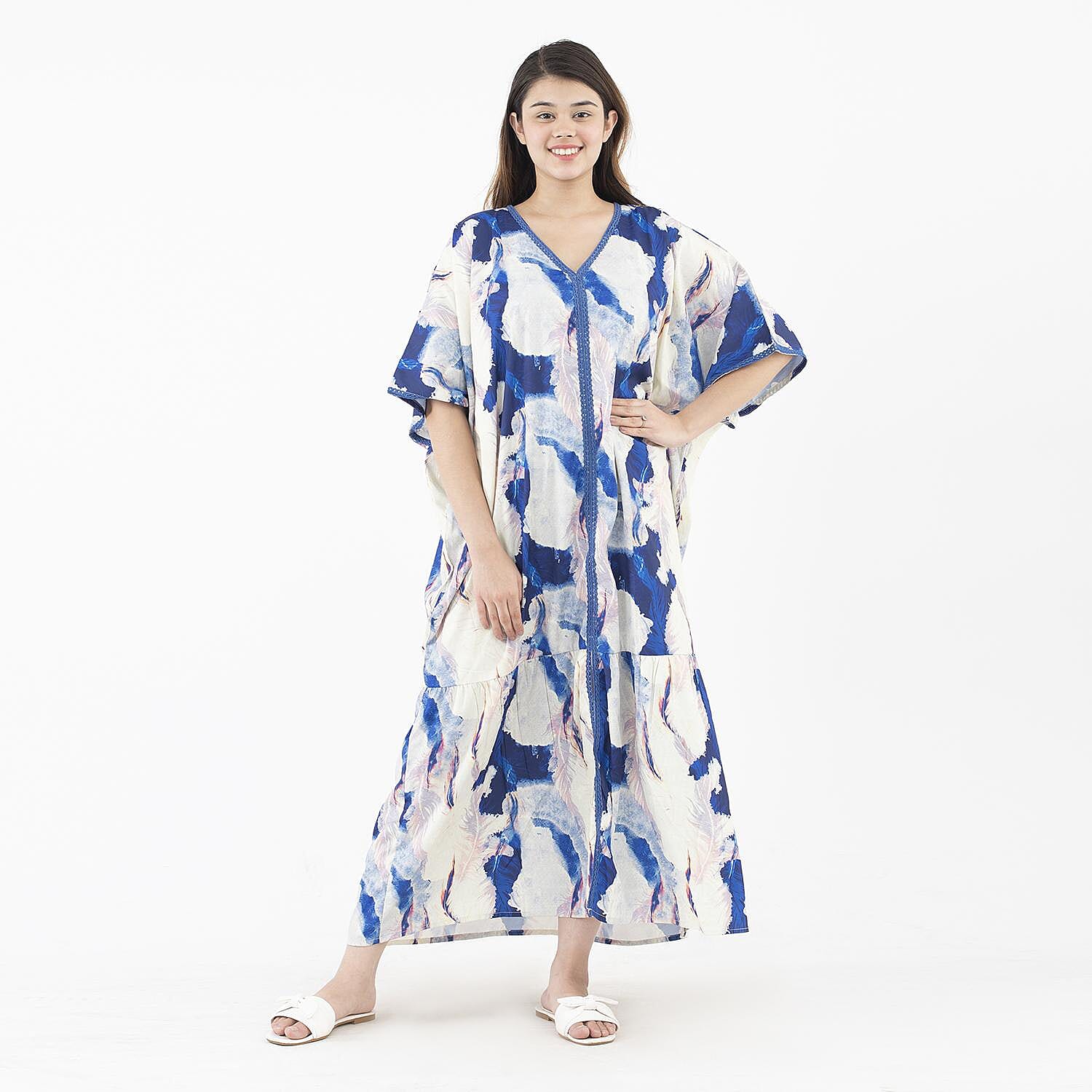 TAMSY Blue American Crepe Long Kaftan with Lace - One Size Fits Most