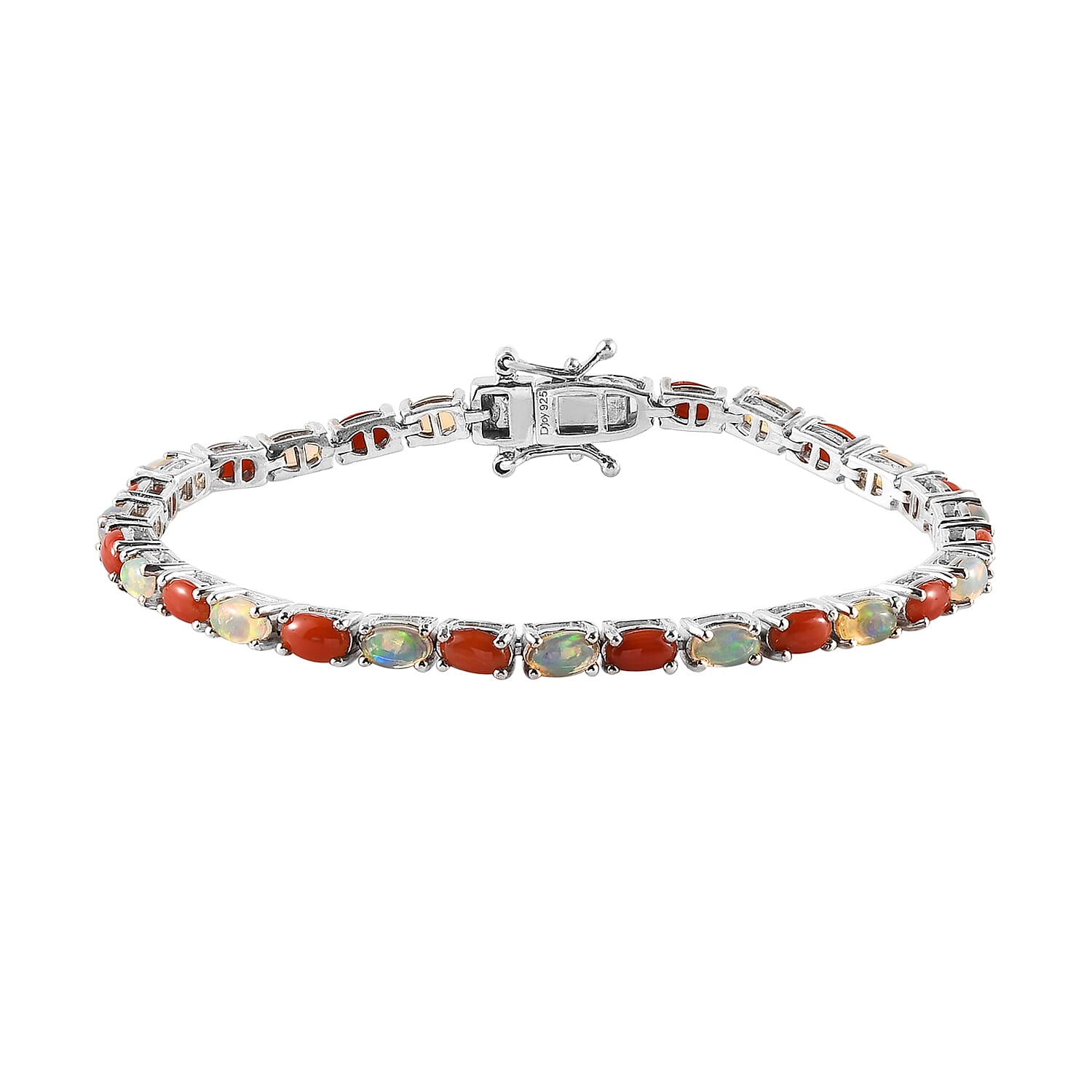 Ethiopian Welo Opal and Mediterranean Coral Tennis Bracelet in Rhodium Over Sterling Silver (6.50 In) 7.70 Grams 6.00 ctw