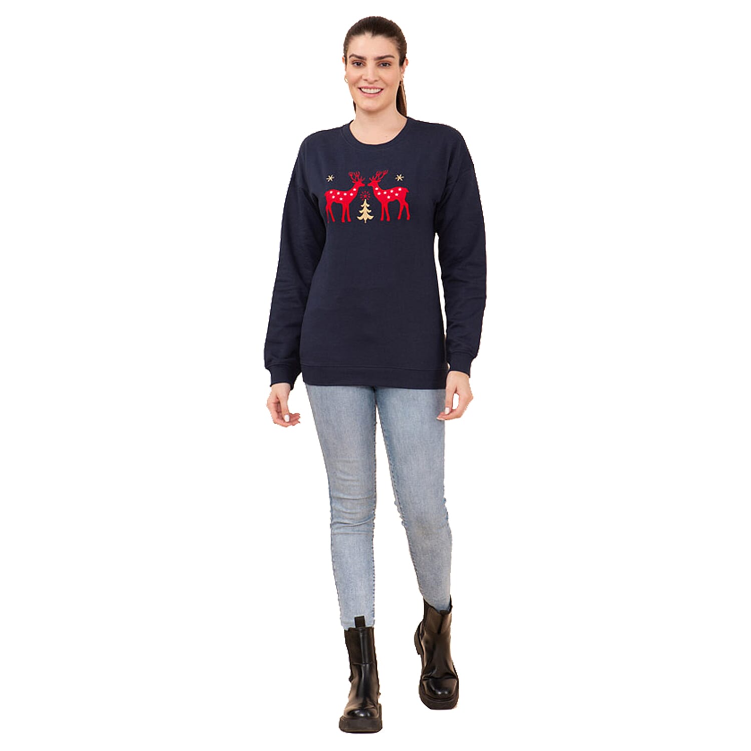 TAMSY Holiday Navy Reindeer Fleece Knit Sweatshirt (100% Cotton) - L