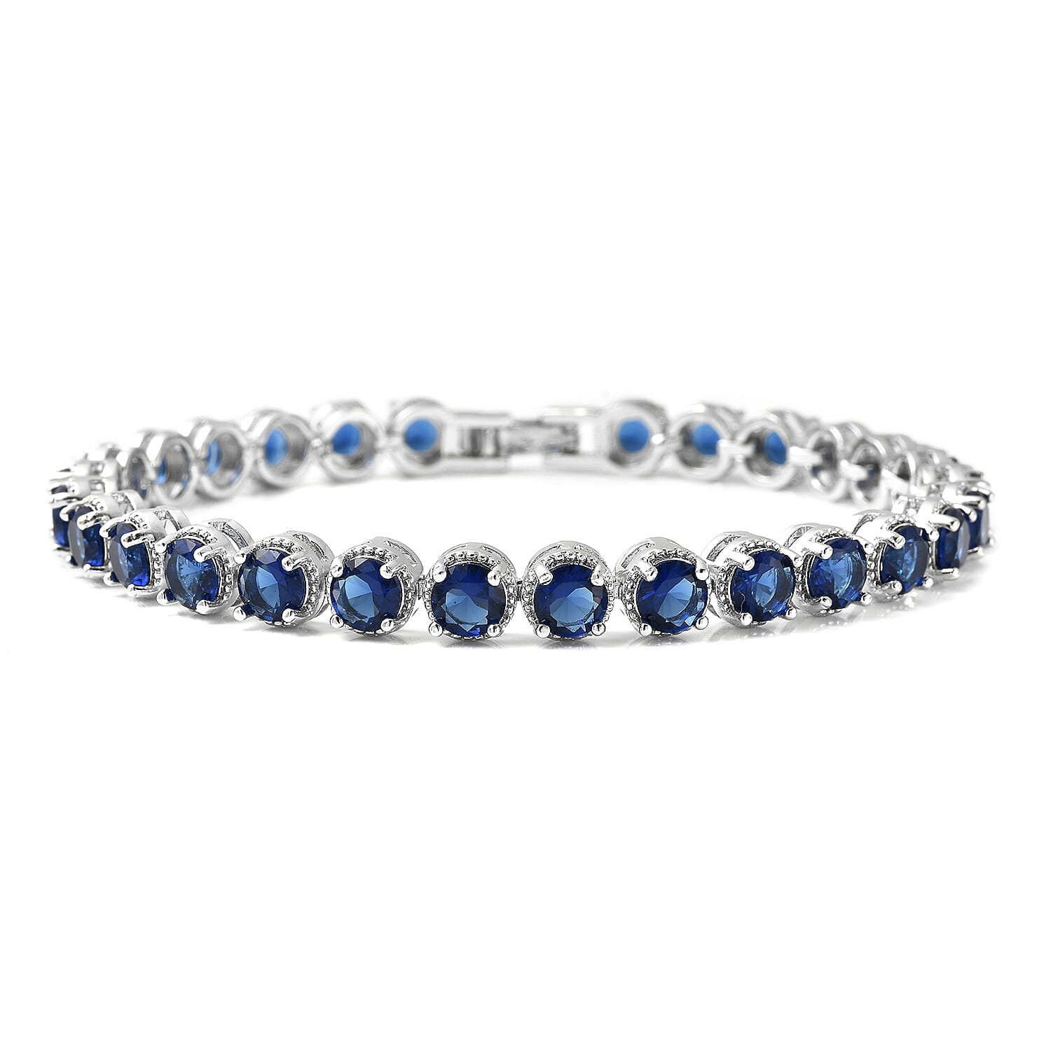 Blue Austrian Crystal Beaded Bracelet in Silvertone (7.75 In) (1)