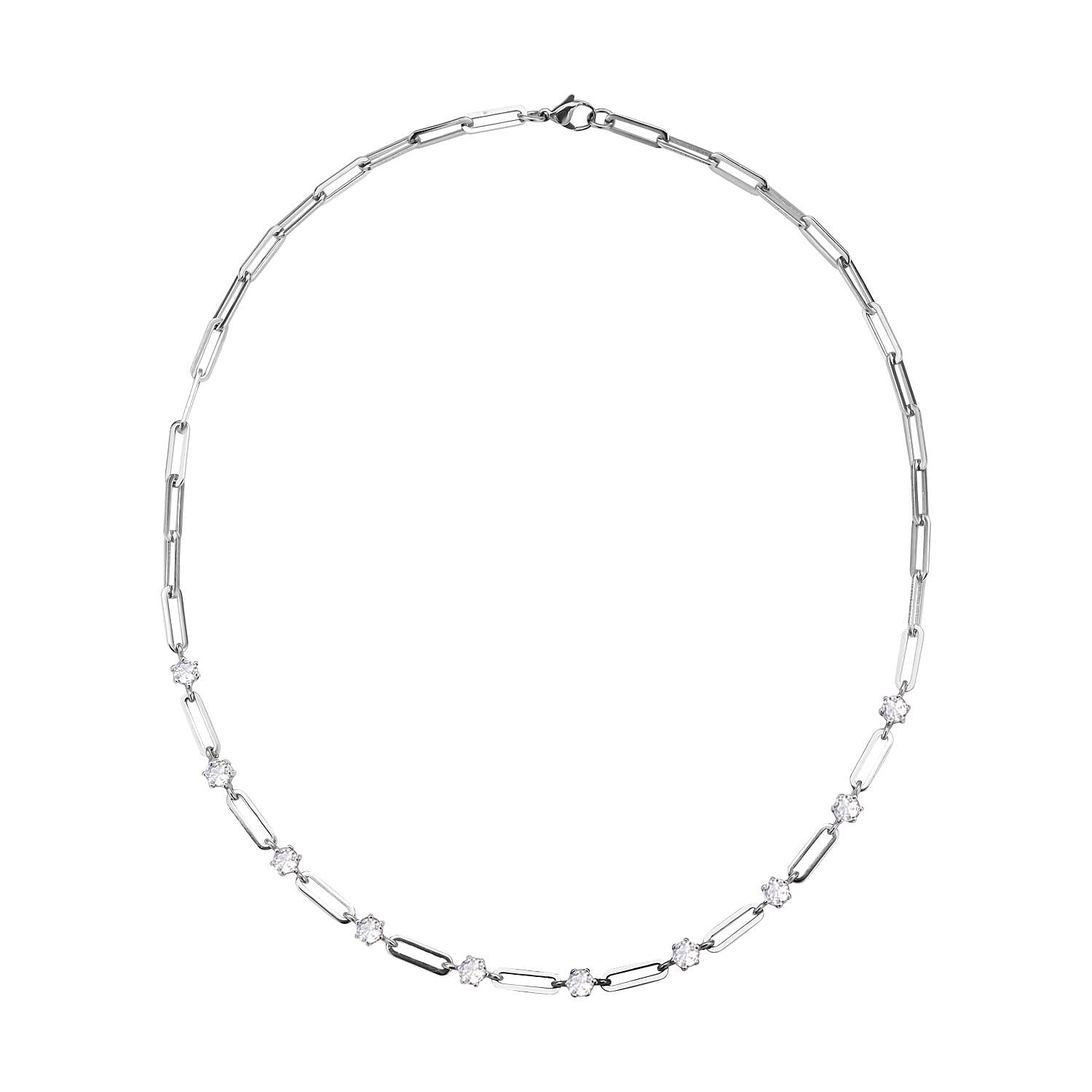 Simulated Diamond Paper Clip Chain Station Necklace 20 Inches in Stainless Steel 10.50 ctw