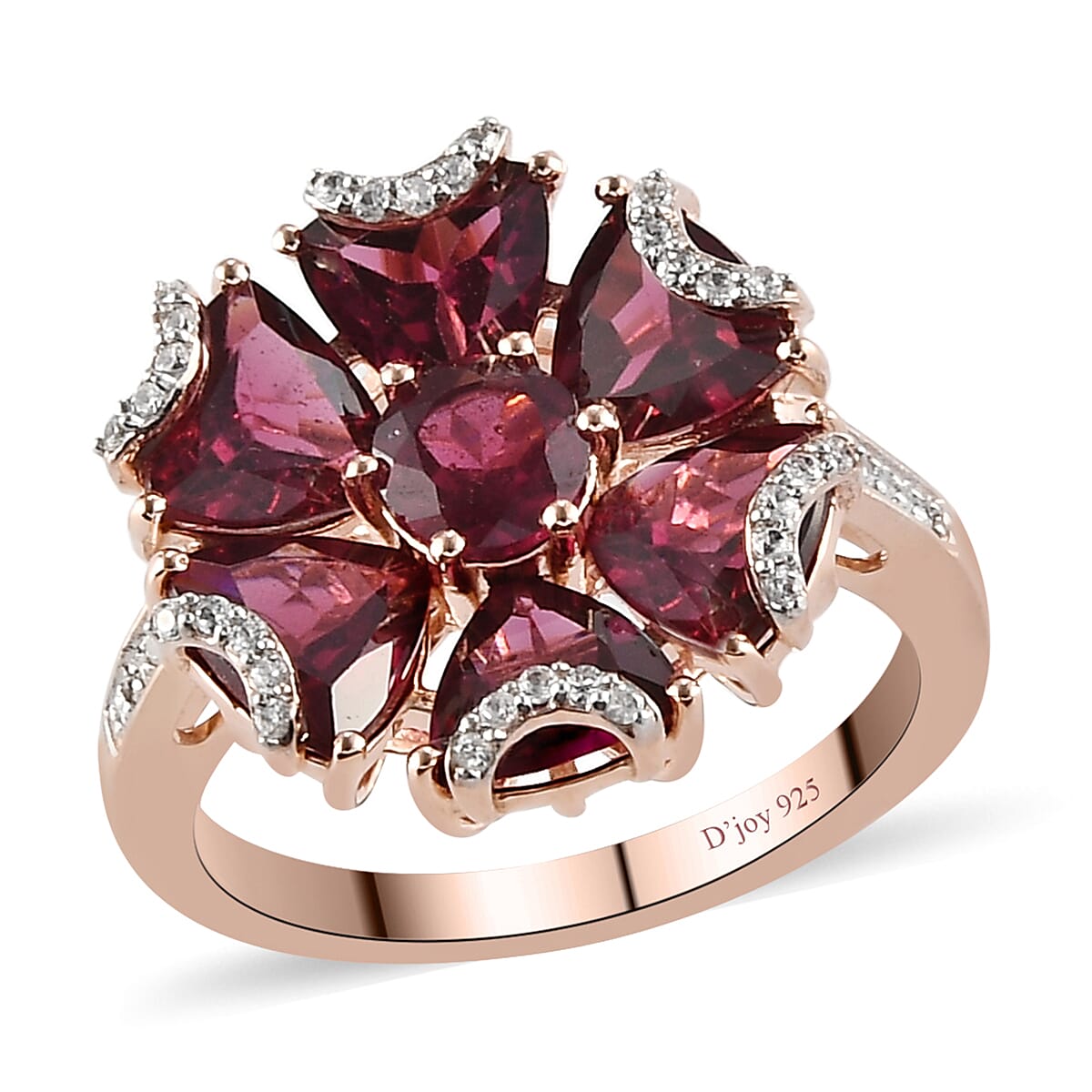 Orissa Rhodolite Garnet and Natural White Zircon Floral Ring in Vermeil Rose Gold Over Sterling Silver (Size 7.0) 6.00 ctw (1)