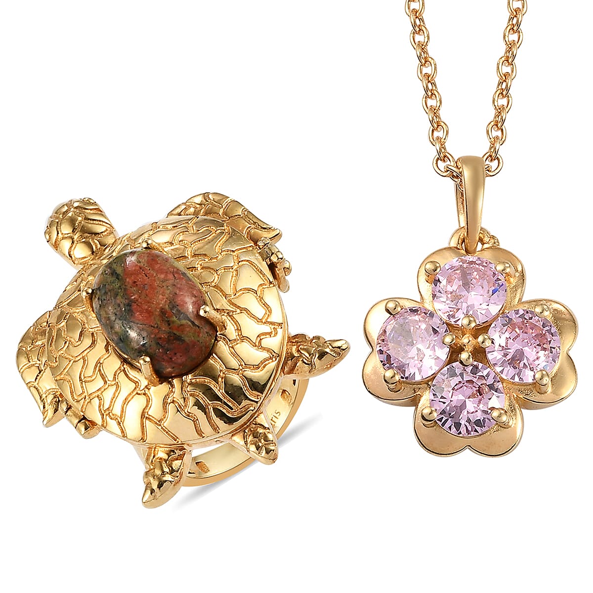 KARIS Lapis Lazuli, Simulated Blue Diamond Turtle Ring (Size 10) and Four Leaf Clover Pendant Necklace (20 Inches) in ION Plated 18K YG & ION Plated YG Stainless Steel 10.00 ctw (1)