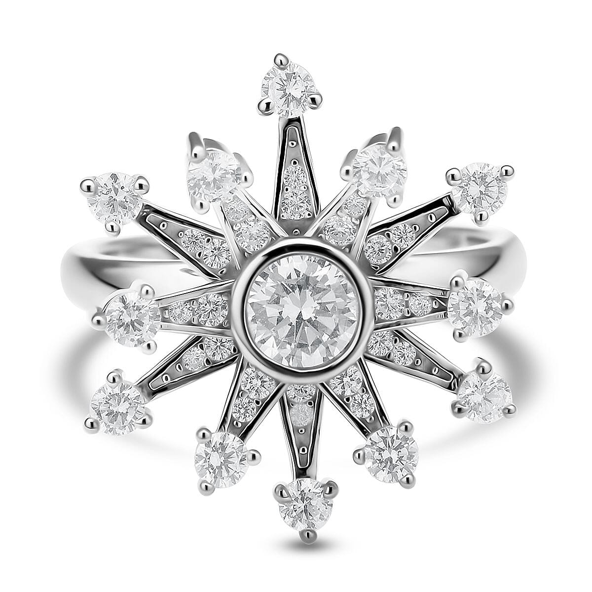Simulated Diamond Snowflake Spinner Ring in Rhodium Over Sterling Silver (Adjustable Size 6-8) 1.60 ctw