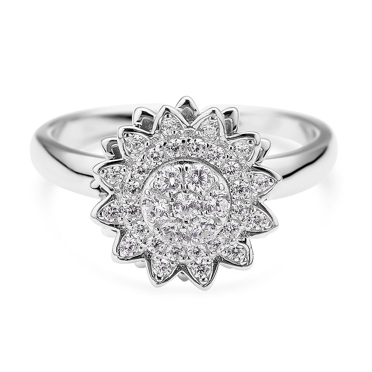 Simulated Diamond Sunflower Design Spinner Ring in Rhodium Over Sterling Silver (Adjustable Size 6-8) 0.65 ctw