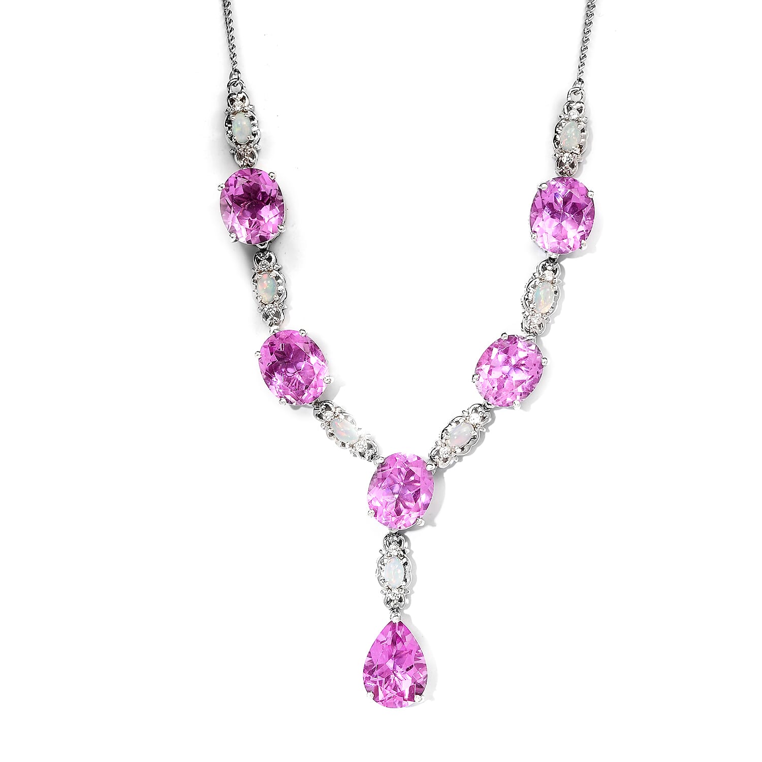 Patroke Quartz (Triplet), Ethiopian Welo Opal and White Zircon Station Necklace 18-20 Inches in Platinum Over Sterling Silver 33.25 ctw
