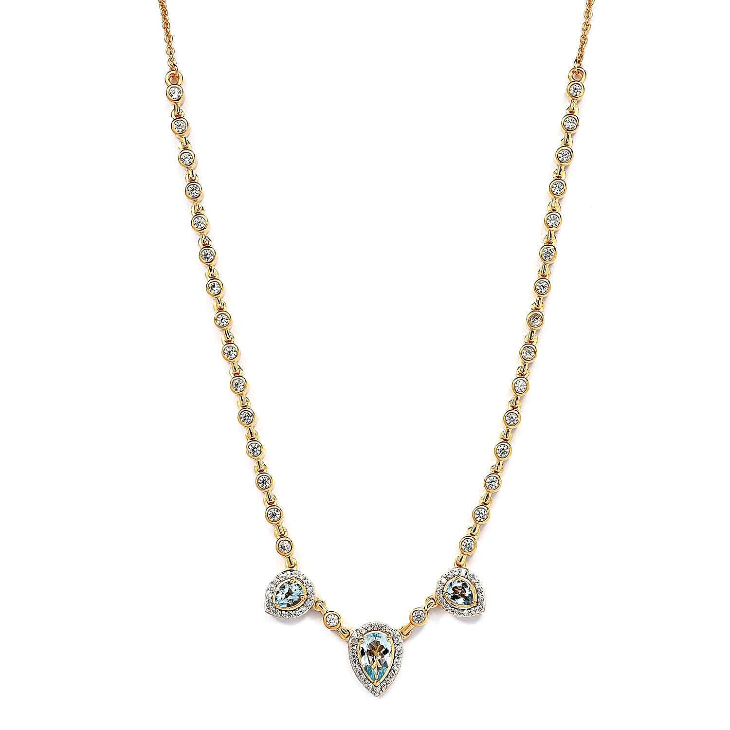 Mangoro Aquamarine and Natural White Zircon Tear Drop Necklace 18 Inches in Vermeil YG Over Sterling Silver 3.65 ctw
