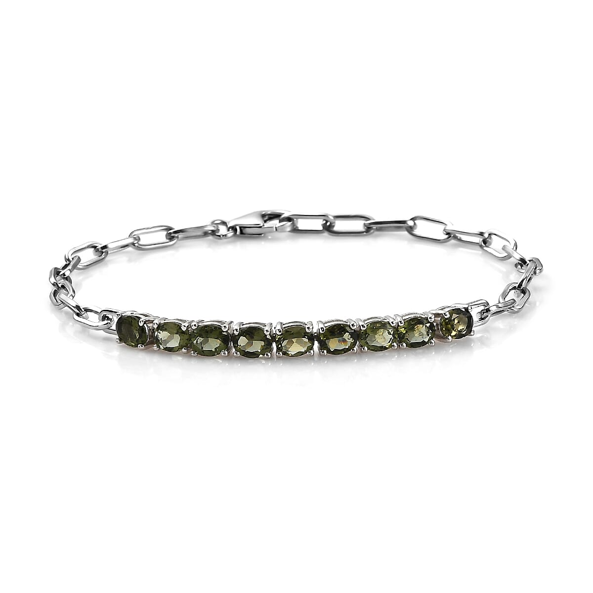 AAA Bohemian Moldavite Paper Clip Chain Bracelet in Platinum Over Sterling Silver (7.25 In) 2.60 ctw