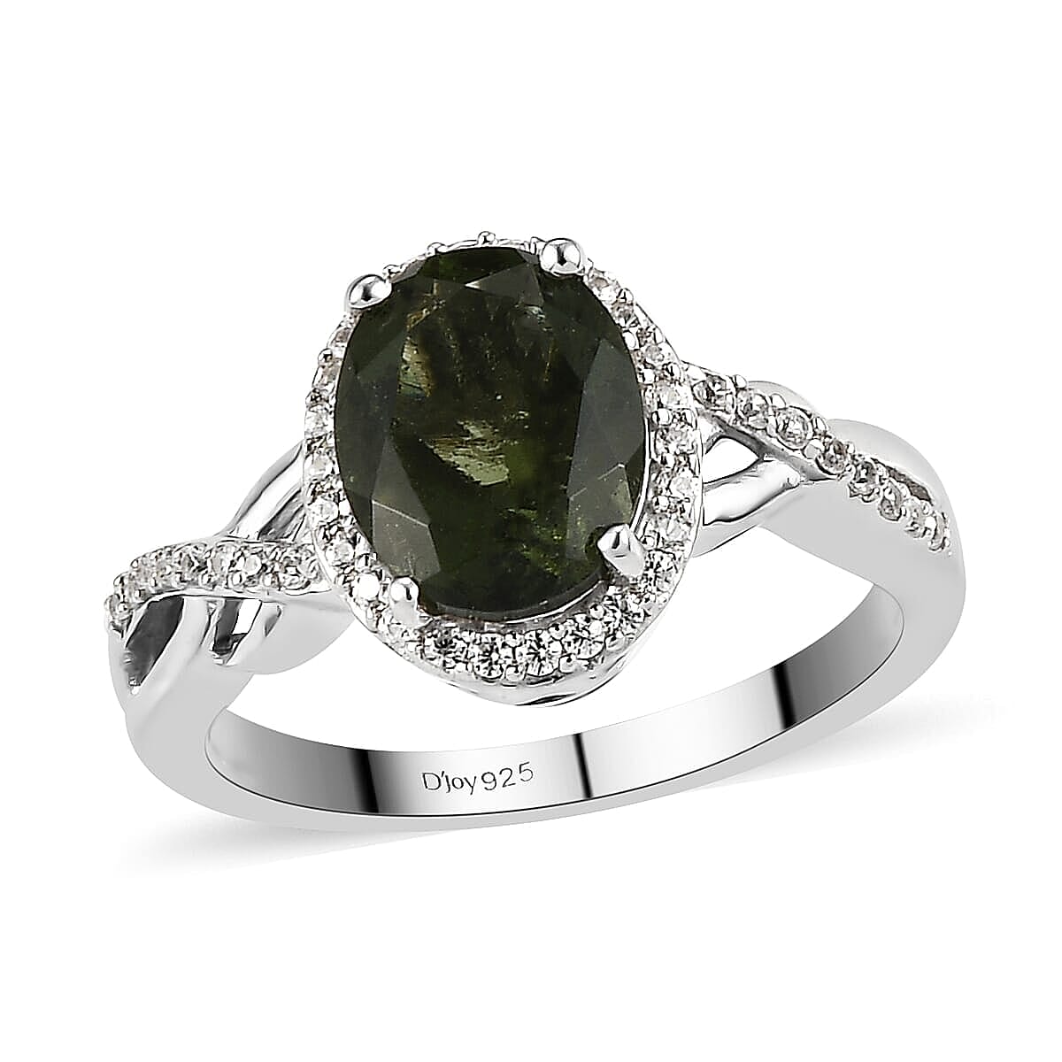 Bohemian Moldavite and Natural White Zircon Infinity Shank Ring in Platinum Over Sterling Silver 1.85 ctw
