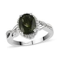 Bohemian Moldavite and Natural White Zircon Infinity Shank Ring in Platinum Over Sterling Silver 1.85 ctw