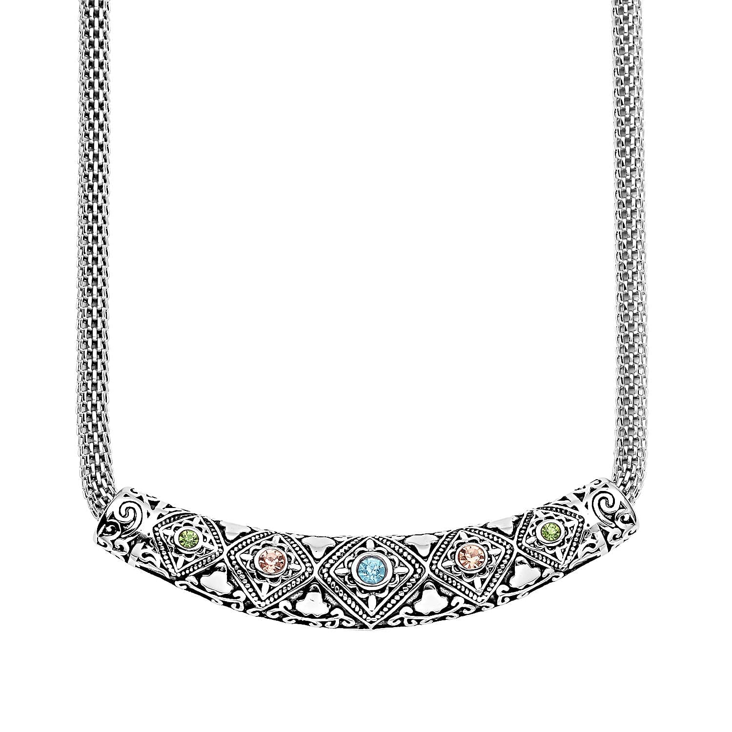 Multi Color Austrian Crystal Mesh Chain Necklace 20 Inches in Black Oxidized & Stainless Steel