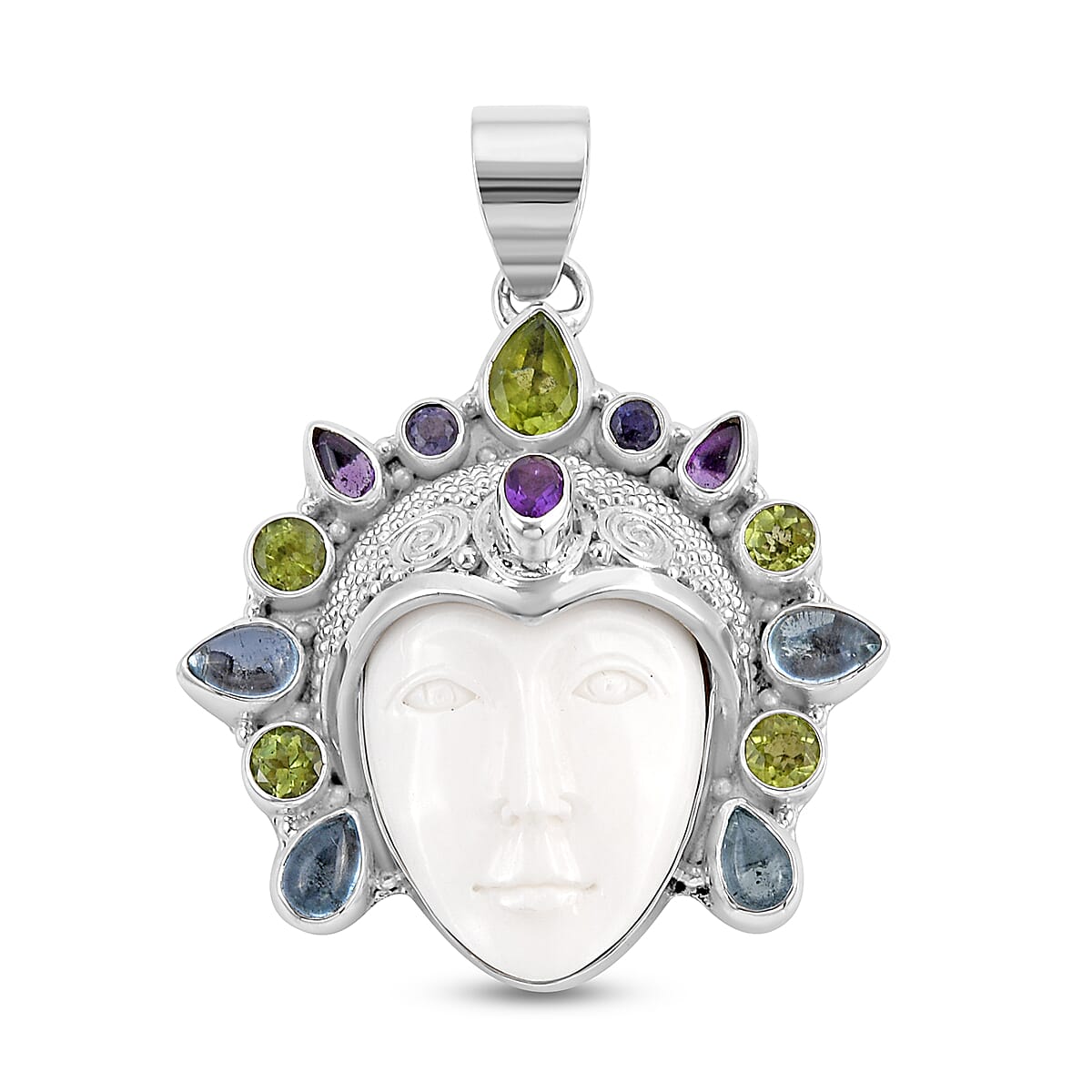 Sajen Silver Carved Bone and Multi Gemstone Pendant in Sterling Silver 5.75 ctw