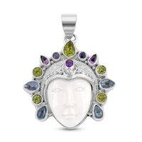 Sajen Silver Carved Bone and Multi Gemstone Pendant in Sterling Silver 5.75 ctw