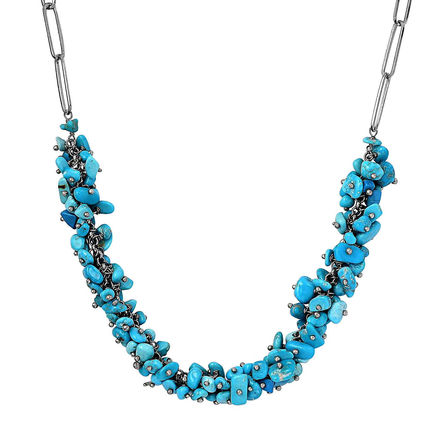 Sleeping Beauty Turquoise Chips Necklace, Paper Clip Chain Necklace, Rhodium Over Sterling Silver Necklace, 18 Inch Necklace, Turquoise Jewelry 80.50 ctw