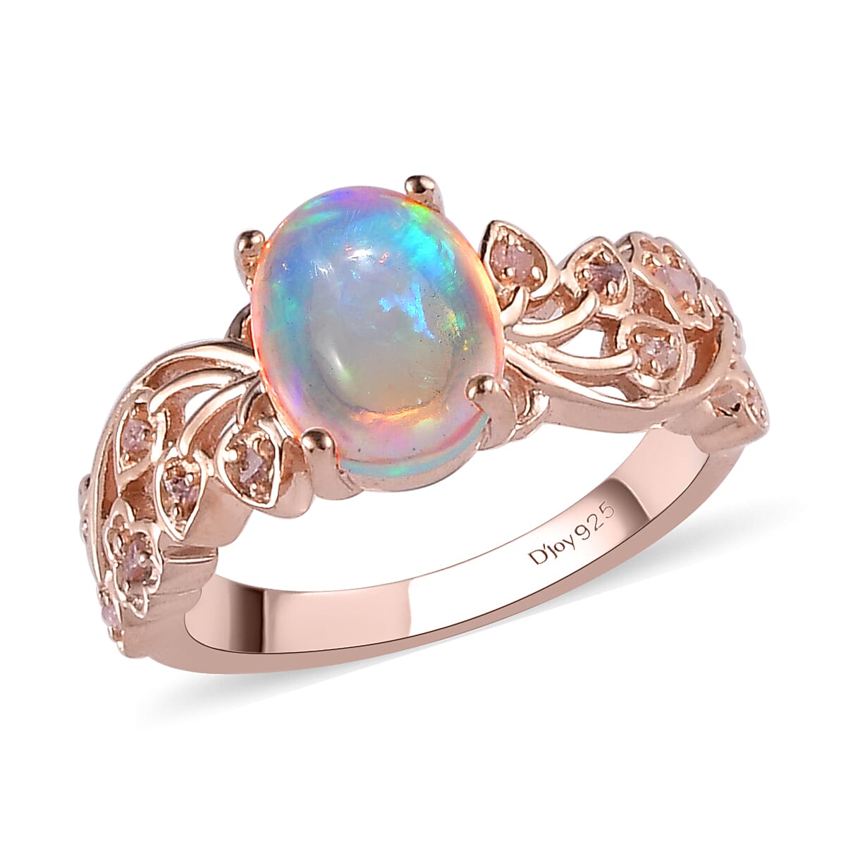 Premium Ethiopian Welo Opal and Uncut Natural Pink Diamond Ring in Vermeil Rose Gold Over Sterling Silver 1.50 ctw