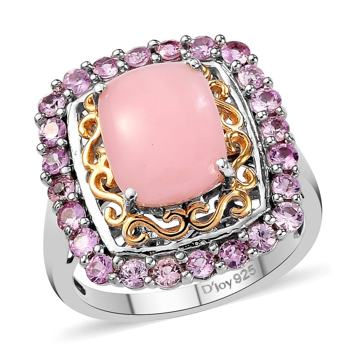 Peruvian Pink Opal and Madagascar Pink Sapphire Halo Ring in Vermeil Yellow Gold and Platinum Over Sterling Silver 3.15 ctw