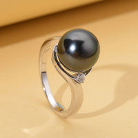 Tahitian Cultured Pearl and Natural White Zircon Solitaire Ring in Platinum Over Sterling Silver (Size 10.0) 0.10 ctw