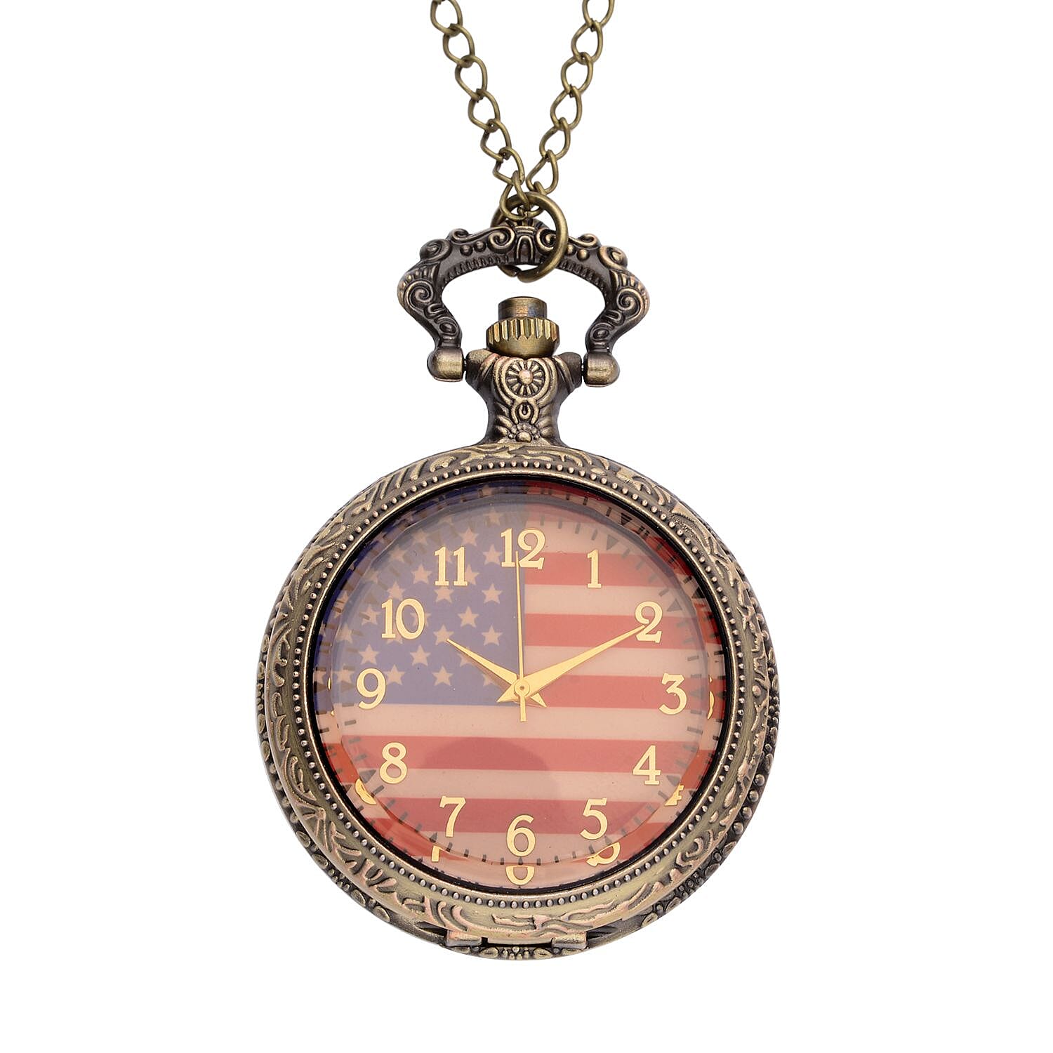 STRADA Glass Japanese Movement American Flag Pattern Pocket Watch with Chain (31 Inches) in Goldtone