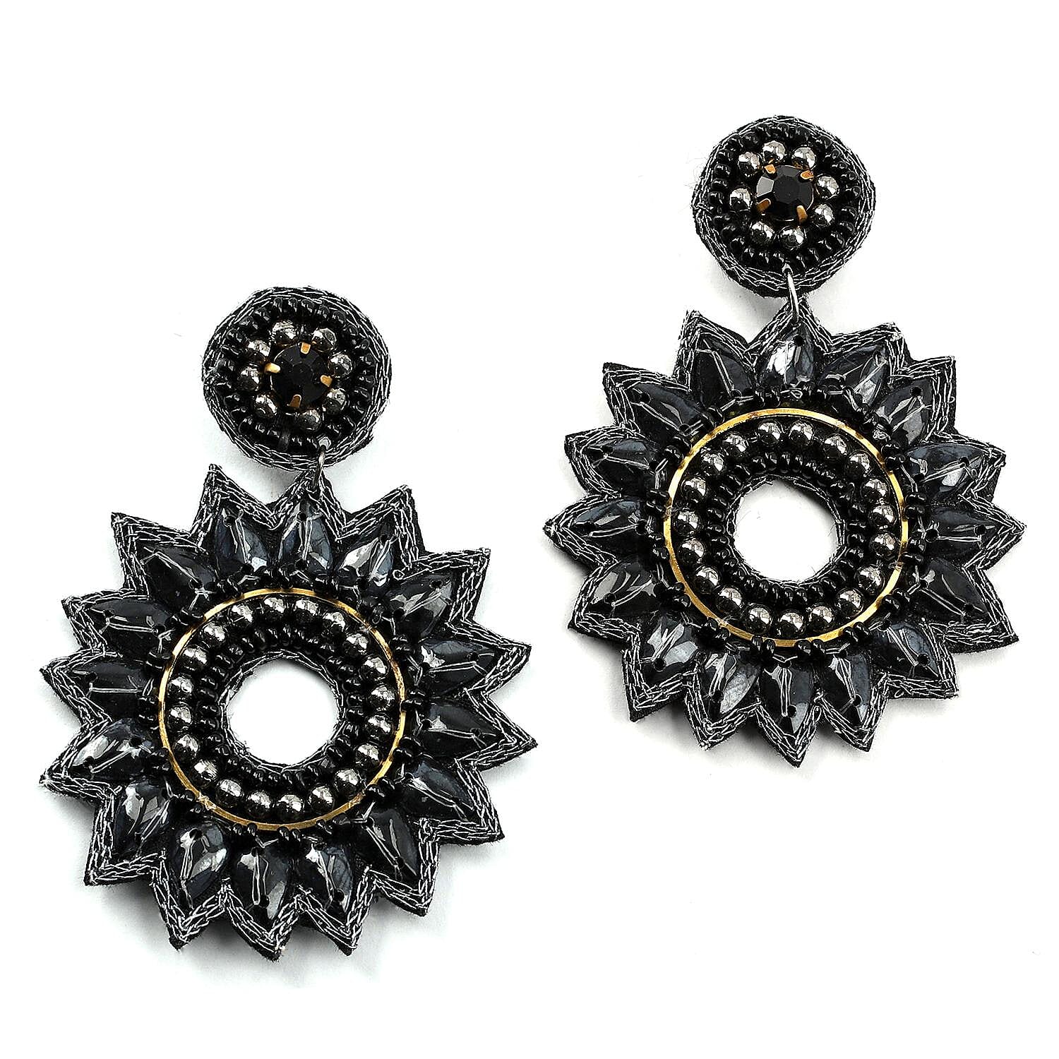 Handcrafted Black Seed Beaded Floral Earrings in Black Silvertone